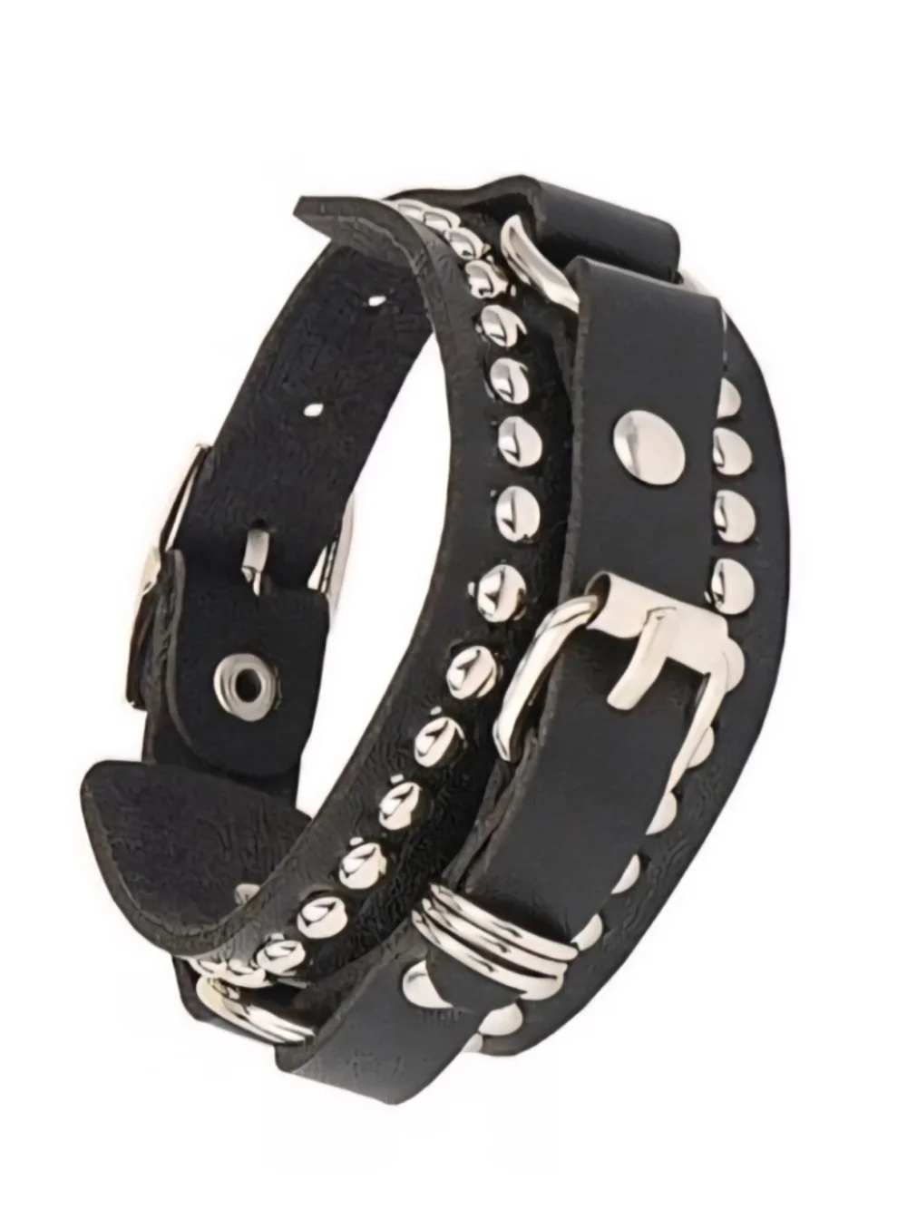 Gothic Punk Black Leather Double Buckle O-Ring Studded Bracelet Cuff Rock Jewelr